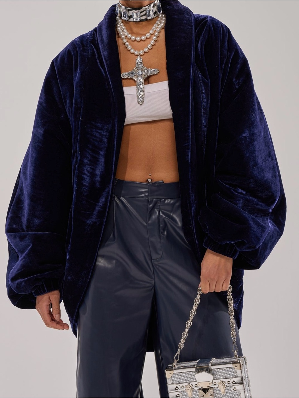 AKIRA Velvet Oversized Jacket in Navy Blue